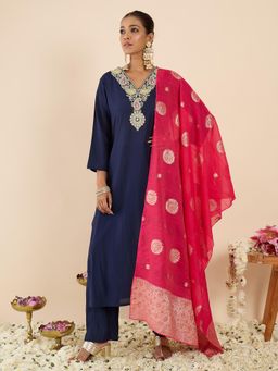 Indo Era - Navy Blue Paisley Embroidered Straight Kurta with Pant and Dupatta