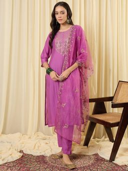 Indo Era - Lavender Embroidered Straight Kurta with Pant and Dupatta
