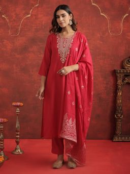 Indo Era - Pink Embroidered Straight Kurta with Pant and Dupatta