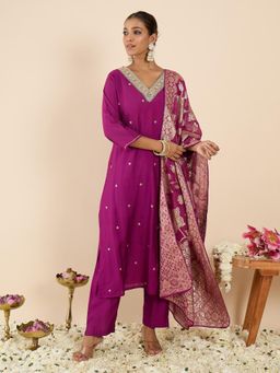Indo Era - Purple Floral Embroidered Straight Kurta with Pant and Dupatta