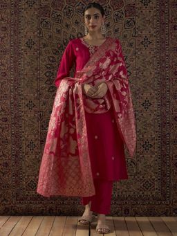 Indo Era - Pink Floral Zari Straight Kurta with Pant and Dupatta