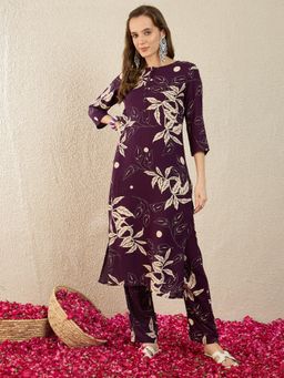 Indo Era - Purple Floral Printed Straight Co-Ord Set