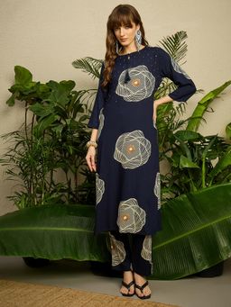 Indo Era - Navy Blue Printed Straight Co-Ord Set
