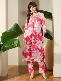 Indo Era - Pink Floral Printed A-Line Kurta with Pant