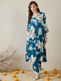 Indo Era - Blue Floral Printed A-Line Kurta with Pant