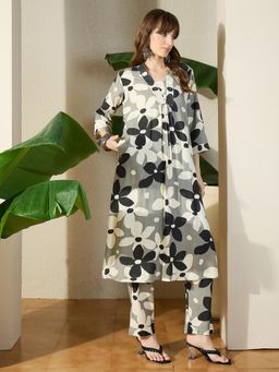 Indo Era - Grey Floral Printed A-Line Kurta with Pant