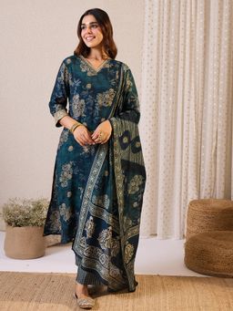 Indo Era - Blue Floral Printed Straight Kurta with Pant and Dupatta