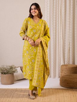 Indo Era - Olive Floral Printed Straight Kurta with Pant and Dupatta