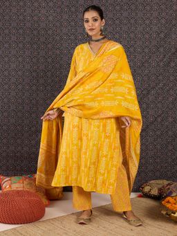Indo Era - Yellow Printed Straight Kurta with Pant and Dupatta