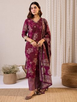 Indo Era - Burgundy Floral Printed Straight Kurta with Pant and Dupatta