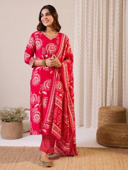 Indo Era - Pink Floral Printed Straight Kurta with Pant and Dupatta