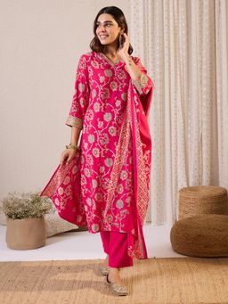 Indo Era - Pink Floral Printed Straight Kurta with Pant and Dupatta