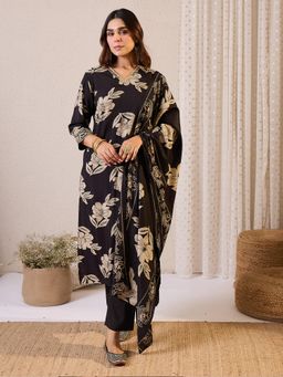 Indo Era - Black Floral Printed Straight Kurta with Pant and Dupatta