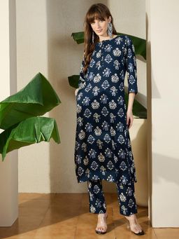 Indo Era - Navy Blue Printed Straight Co-Ord Set