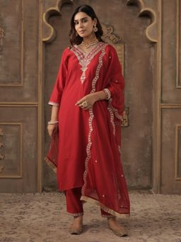 Indo Era - Red Embroidered Straight Kurta with Pant and Dupatta