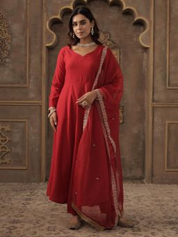 Indo Era - Red Solid A-Line Anarkali Kurta with Pant and Dupatta