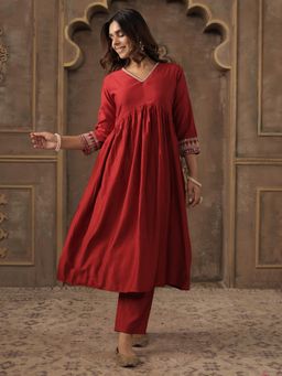 Indo Era - Red Embroidered A-Line Kurta with Pant