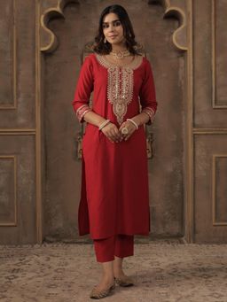 Indo Era - Red Embroidered Straight Kurta with Pant