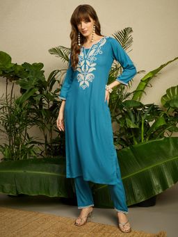 Indo Era - Embroidered Straight Kurta with Pant - Teal