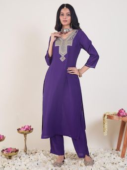 Indo Era - Purple Embroidered Straight Kurta with Pant