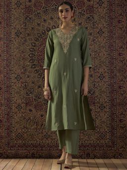 Indo Era - Olive Embroidered Straight Kurta with Pant