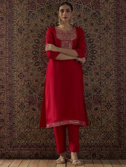 Indo Era - Red Embroidered Straight Kurta with Pant