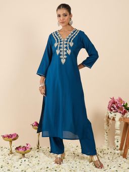 Indo Era - Teal Embroidered Straight Kurta with Pant