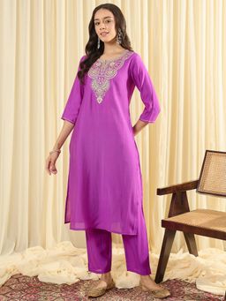 Indo Era - Purple Embroidered Straight Kurta with Pant
