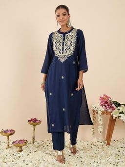 Indo Era - Navy Blue Embroidered Straight Kurta with Pant