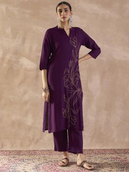 Indo Era - Purple Embroidered Straight Kurta with Pant