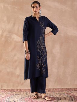 Indo Era - Blue Embroidered Straight Kurta with Pant