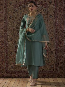 Indo Era - Sea Green Embroidered Straight Kurta with Pant and Dupatta
