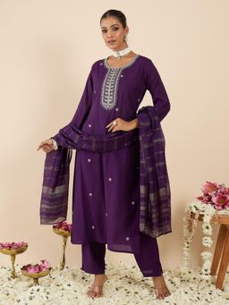 Indo Era - Purple Embroidered Straight Kurta with Pant and Dupatta