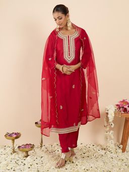 Indo Era - Pink Embroidered Straight Kurta with Pant and Dupatta