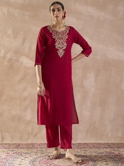 Indo Era - Red Embroidered Straight Kurta with Pant