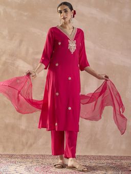 Indo Era - Pink Embroidered Straight Kurta with Pant and Dupatta