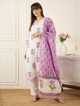 Indo Era - Purple Floral Printed Straight Kurta with Pant and Dupatta
