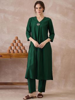 Indo Era - Green Solid A-Line Kurta with Pant
