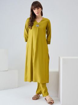 Indo Era - Olive Solid A-Line Kurta with Pant
