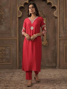 Indo Era - Pink Embroidered Straight Kurta with Pant