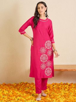 Indo Era - Pink Embroidered Straight Kurta with Pant