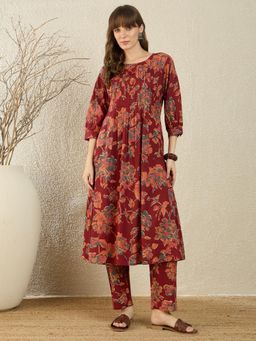 Indo Era - Maroon Floral Printed A-Line Kurta with Pant