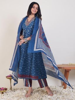 Indo Era - Blue Floral Printed A-Line Kurta with Pant and Dupatta