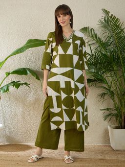 Indo Era - Olive Printed Straight Kurta Pant set