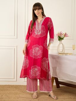 Indo Era - Pink Floral Printed Straight Kurta with Pant