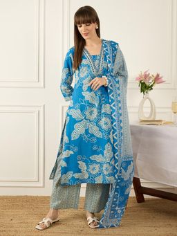 Indo Era - Blue Printed A-Line Kurta with Pant and Dupatta