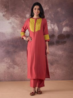 Indo Era - Rust Embroidered Straight Kurta with Pant