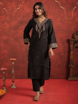 Indo Era - Black Embroidered Straight Kurta with Pant