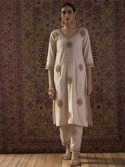 Indo Era - White Embroidered Straight Kurta with Pant