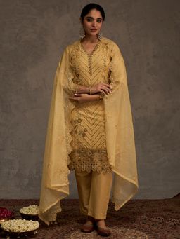 Indo Era - Yellow Embroidered Straight Kurta with Pant and Dupatta